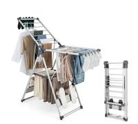 HOMASIS Stendibiancheria Pieghevole, Stendino Allungabile con Ali, Regolabile in Altezza, Stendino Verticale Salvaspazio con 21 Bastoni e 10 Supporti per Calze e 4 Portascarpe da Interni/Esterni