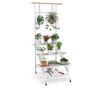 HOMASIS Supporto per Piante a 4 Livelli con Traliccio, Portapiante a Scala in Metallo, Portavasi con Ruote Girevoli e Asta Sospesa, Scaffale per Piante da Interno/Esterno/Giardino/Balcone/Terrazza