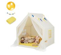 HOMASIS Tenda per Bambini da Interno, Tenda Gioco con Luci a Forma di Stella e Tappeto in Cotone, Tenda Cameretta con Tasca Laterale, Casa per Giochi per 2 Bambini, 122 × 105 × 125 cm (Beige)