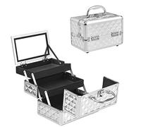 HOMASIS Valigetta Trucchi con Specchio, Borsa Trucco Professionale con 3 Livelli Estendibili, Mini Beauty Case con Maniglia e Serratura, 23 x 15 x 18 cm (Argento)