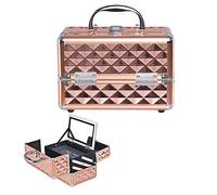 HOMASIS Valigetta Trucchi con Specchio, Borsa Trucco Professionale con 3 Livelli Estendibili, Mini Beauty Case con Maniglia e Serratura, 23 x 15 x 18 cm (Rosa Dorato)