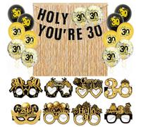 HOMAVEL Set decorativo per 30° compleanno, colore nero e oro, con occhiali, 12 palloncini, 2 tende color oro champagne e striscione HOLY Shit You RE da 76 cm, decorazione divertente per feste