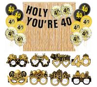 HOMAVEL Set decorativo per 40° compleanno, con occhiali, 12 palloncini, 2 tende color oro champagne e striscione HOLY Shit You RE da 101,6 cm, decorazione divertente per feste