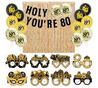 HOMAVEL Set decorativo per 80° compleanno, colore nero e oro, con occhiali, 12 palloncini, 2 tende color oro champagne e striscione HOLY Shit You RE da 203 cm, decorazione divertente per feste