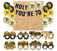HOMAVEL Set decorativo per il 70° compleanno, con occhiali, 12 palloncini, 2 tende color oro champagne e striscione HOLY Shit You RE da 178 cm, decorazione divertente per feste