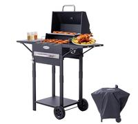 HOMAVO Barbecue a carbone con coperchio e copertura, Grill 2 in 1 compatto per balcone, Termometro integrato, Griglia mantenimento, Protezione esterno e facile da riporre