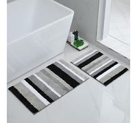 Homaxy Set di 2 tappetini da bagno antiscivolo, tappetino da bagno a righe, in morbida microfibra, assorbente a pelo lungo, lavabile in lavatrice, 40 x 60 cm + 50 x 80 cm, grigio/nero