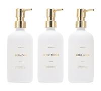 HOMCDALY Dispenser per shampoo e balsamo, confezione da 3 flaconi ricaricabili a pompa, contenitore per shampoo, bottiglia vuota a pompa, dispenser per bagno e doccia (600 ml, bianco e oro)