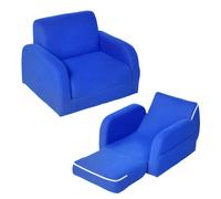 HOMCOM 2 In 1 Poltrona per bambini 3-6 anni imbottita morbida con tasca pieghevole per il riposo in legno schiuma flanella blu