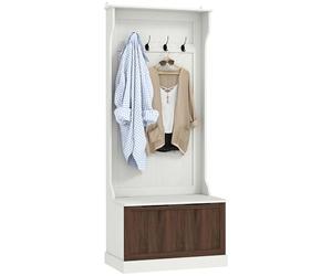 HOMCOM 3 in 1 Appendiabiti da Ingresso con Scarpiera, Attaccapanni da Terra Salvaspazio con 4 Ganci e Panca Contenitore, in MDF, per Corridoio, Camera da Letto, 71.5x39.5x170 cm, Bianco e Marrone