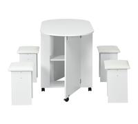 HOMCOM 5 pz Set da Pranzo con Tavolo da Cucina Pieghevole con 2 Ripiani e 4 Sgabelli in Legno Truciolato, Bianco