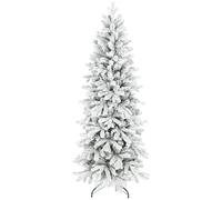HOMCOM Albero di Natale floccato da 1,8 m, albero di Natale a matita incernierato con rami realistici, facile da montare, forma sottile, decorazione natalizia artificiale per la casa, verde bianco