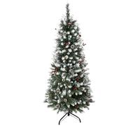 HOMCOM Albero di Natale Innevato Artificiale 150cm Base Rimovibile 408 Rami | Bacche Rosse e Pigne Bianche, Pieghevole