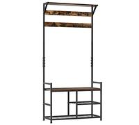 HOMCOM Appendiabiti con portascarpe Appendiabiti da ingresso con 3 ripiani 9 ganci Gambe regolabili Stile industriale per corridoio camera da letto 84x34,5x180 cm Colore nero marrone