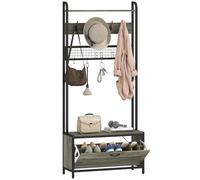 HOMCOM Appendiabiti con scarpiera e pannello a griglia, albero da ingresso, 5 in 1, appendiabiti industriale con scarpiera e 10 ganci per corridoio, ingresso, soggiorno, grigio