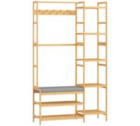 HOMCOM Appendiabiti con scarpiera, ganci per vestiti, attaccapanni, panca con cuscino, per corridoio, ingresso, legno naturale Aosom Italy