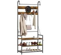 HOMCOM Appendiabiti da Ingresso con Asta, 10 Ganci Mobili, Panca e Scarpiera a 2 Livelli, Mobile Appendiabiti in Truciolato e Metallo, Design Industriale, 80x40x182 cm, Marrone e Nero
