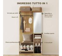 HOMCOM Appendiabiti da Ingresso con Specchio, 4 Ganci, Panca e Scarpiera, Mobile Appendiabiti con Armadietto e Ripiano Aperto, Gambe in Legno di Caucciù, per Ingresso Corridoio, Rovere e Bianco Il tuo