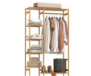 HOMCOM Appendiabiti da Ingresso in Bambù con Scaffale a 6 Livelli e Barra Appendiabiti, Stender Attaccapanni per Soggiorno e Ingresso, Design Moderno, 90x30x145 cm, Legno Naturale