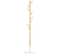 HOMCOM Albero Appendiabiti a 8 Ganci con Base Rotonda, Appendiabiti da Terra in Bambù, Legno e Metallo, Ø37.8x175.6 cm, color Legno e Bianco