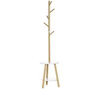 HOMCOM Appendiabiti da Terra per Ingresso in MDF e Alluminio con 5 Ganci in Bambù e Tavolino Rotondo da Caffè, 39.5x39.5x171 cm, color Legno e Bianco