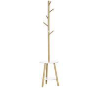HOMCOM Appendiabiti da Terra per Ingresso in MDF e Alluminio con 5 Ganci in Bambù e Tavolino Rotondo da Caffè, 39.5x39.5x171 cm, color Legno e Bianco