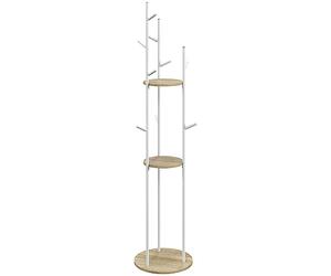 HOMCOM Appendiabiti su piedistallo, armadio d'ingresso in acciaio con 9 ganci e 2 ripiani rotondi - Ø 40 x 167 cm, naturale e bianco