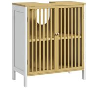HOMCOM Armadietto da bagno sottolavello, mobiletto da bagno in bambù, con 2 ante a doghe, ripiano regolabile e fessura a forma di U per tubi, naturale e bianco