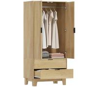 HOMCOM Armadio a 2 ante scanalate con chiusura ammortizzata, 2 cassetti e barra appendiabiti, guardaroba, spogliatoio, stile moderno, 80 x 50 x 180 cm, legno naturale