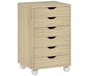 HOMCOM Armadio a cassetti da scrivania, schedario mobile con 6 cassetti, supporto per stampante con rotelle, guide silenziose, per ufficio, casa, quercia, quercia