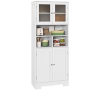 HOMCOM Credenza Cucina con 2 Armadietto, 3 Vani Aperti, Mobile Dispensa Stretto con Ante in Vetro e Ripiani Regolabili, per Soggiorno, Sala da Pranzo, 60x30x145.5 cm, Bianco