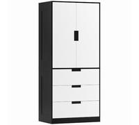 HOMCOM Armadio Camera da Letto 2 Ante Moderno 80x50x180 cm Bianco e Nero | Soft Close, 3 Cassetti, Armadio Guardaroba Salvaspazio Multiuso, Barra Appendiabiti, per Camera da Letto Ripostiglio