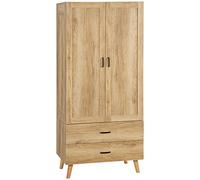 HOMCOM Armadio Camera da Letto con 2 Ante Battente con Soft Close e 2 Cassetti, Armadio Guardaroba Salvaspazio Multiuso con Asta Appendiabiti e Base Rialzata, 80x54x180 cm, Color Legno