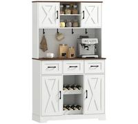 Homcom Armadio da cucina alto, Mobili da cucina ausiliari, Portabottiglie per 8 bottiglie, 4 ante, 3 cassetti, ripiani aperti, Ampio ripiano, 4 ganci, Foro per cavo, Bianco, 100X38X172 cm