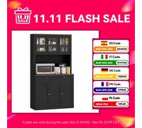 Homcom Armadio da cucina, Mobili da cucina ausiliari, con 3 ante in vetro, Piano di lavoro aperto per microonde, 2 cassetti