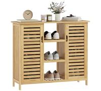 HOMCOM Armadio di stoccaggio in bambù con 2 ante a lame, armadio con ripiani e scomparti aperti, per soggiorno, ingresso, corridoio, 100 x 33 x 86 cm naturale