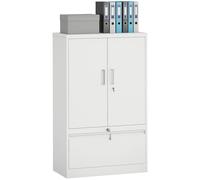 HOMCOM Armadio Portadocumenti 2 Ante in Acciaio con Serratura, Schedario da Ufficio con Ripiani Regolabile su 25 Livelli, Cassetto per Lettera/Legale/Formato A4, Mobiletto Multiuso, per Studio, Bianco