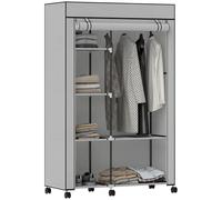 HOMCOM Armadio Portatile con Ruote in Tessuto non Tessuto, Acciaio e PP, Guardaroba Salvaspazio con 6 Ripiani Aperti, 1 Appendino e Porta a Cerniera, 103x43x162.5 cm, Grigio Chiaro