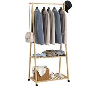 HOMCOM Asino per vestiti di bambù Attaccapanni Porta Abiti Appendi Abiti con ruote 2 ripiani aperti e 2 ganci appendiabiti per ingresso corridoio camera da letto 84,5 x 43,5 x 158 cm naturale