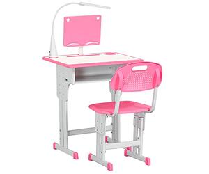 HOMCOM Banchetto per Bambini 6-12 Anni ad Altezza Regolabile con Lampada LED, Leggio e Mensola, Set Banco con Sedia per Bambini in PP, Acciaio e MDF, Rosa