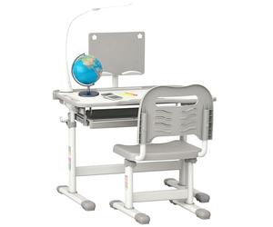 HOMCOM Banchetto Scuola con Sedia per Bambini 6-12 Anni Altezza Regolabile, Lampada LED e Piano Inclinabile a 45°, Acciaio e MDF, Grigio