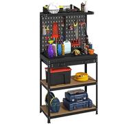 HOMCOM Banco da lavoro per officina, carico massimo 240 kg, 80x40,5x155 cm, piano di lavoro con pannello forato, 14 kit di sospensione, 2 ripiani inferiori e cassetto grande, per garage, magazzino,