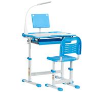HOMCOM Banco Scuola con Sedia per Bambini 6-12 Anni Altezza Regolabile, Piano Inclinabile a 45° e Lampada LED, Acciaio e MDF, Blu