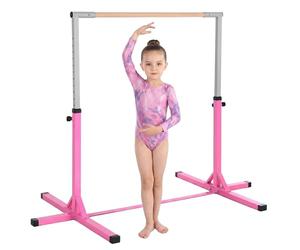 HOMCOM Barra da Ginnastica Artistica per Bambini 3+ Anni con Altezza Regolabile 92-150 cm, in Acciaio e Legno Massello di Faggio, Sbarra Orizzontali Danza Attrezzatura Palestra Antiscivolo, Rosa