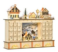 HOMCOM Calendario dell'Avvento in Legno con 24 Cassetti da Riempire, Decorazione con Villaggio di Natale e Luci, 44x10x37cm