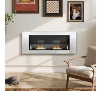 HOMCOM Camino Bioetanolo da Parete, Stufa Bioetanolo con 2 Bruciatori 1L per Durata 3 Ore, Caminetto a Etanolo Biocamino a Incasso in Acciaio Inox e Vetro Protettivo, 40㎡, 136x14x54 cm, Argento e Nero