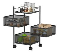 HOMCOM Carrellino Cucina con 3 Cestini Girevoli in Metallo, Ruote e Freno, Nero