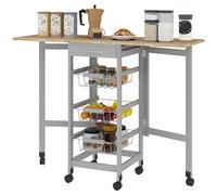 HOMCOM Carrello Portavivande Pieghevole a 6 Ruote con 3 Cestini, Cassetto e 2 Ribalte, Carrellino per Cucina in MDF e Metallo, 37x37x77.5 cm, Grigio e Rovere