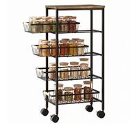 HOMCOM Carrello 4 ripiani su ruote, cestelli estraibili, marrone rustico | Carrello da cucina in metallo, carrello multiuso, maniglie in legno di gomma, 4 ruote girevoli, per cucina, soggiorno