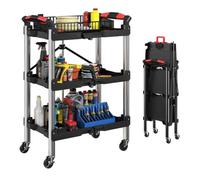 HOMCOM Carrello attrezzi pieghevole 3 livelli, ruote, 150 LBS, nero | Carrello utility pieghevole con maniglie, organizer servizio mobile, per garage magazzino officina.
